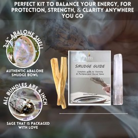 Soul Sticks Beginners Mini Smudge Kit includes White Sage 3-4" Abalone Shell Selenite Wand and Palo Santo with Smudging Guide