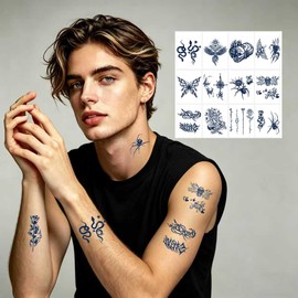 12 láminas de tatuajes semipermanentes realistas para adultos, tinta jagua de origen vegetal de larga duración (2 semanas), resistentes al agua, con diseño de mariposa y serpiente gótica.