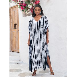 Chunoy Women Bohemian V Neck Kaftan Tie Dye Oversize Caftan Kimono Beach Cover Up Loungewear Maxi Dress White Blue