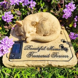 Solar-Powered Resin Cat Memorial Stone, Sleeping Kitten Design, Encaustic Finish, Light Sensor Control, Auto Glow at NightColor: As picture, Size: One Size
