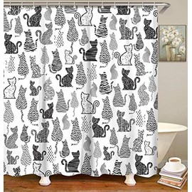 LIVILAN Cat Shower Curtain for Bathroom Cute Shower Curtain with 12 Hooks Kitten Animal Decorative Black and White Fabric Bath Curtain Gift for Cat Lovers Kids and Girls Machine Washable (72"W X 78"H)