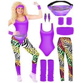 BIQIQI 80s Outfit Women's Retro Tracksuit Costume 80s 91s Clothing Costume Accessories Clothes Jersey, Leggings, Headband, Bracelets, Leg Warmers, Earrings, Belt Bag