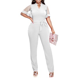 Yiershu Jumpsuits for Women Elegant V Neck Short Mesh Ruffle Sleeve High Waist Long Pants Businiss Rompers Straight Club Jumpsuit With Pockets Belt