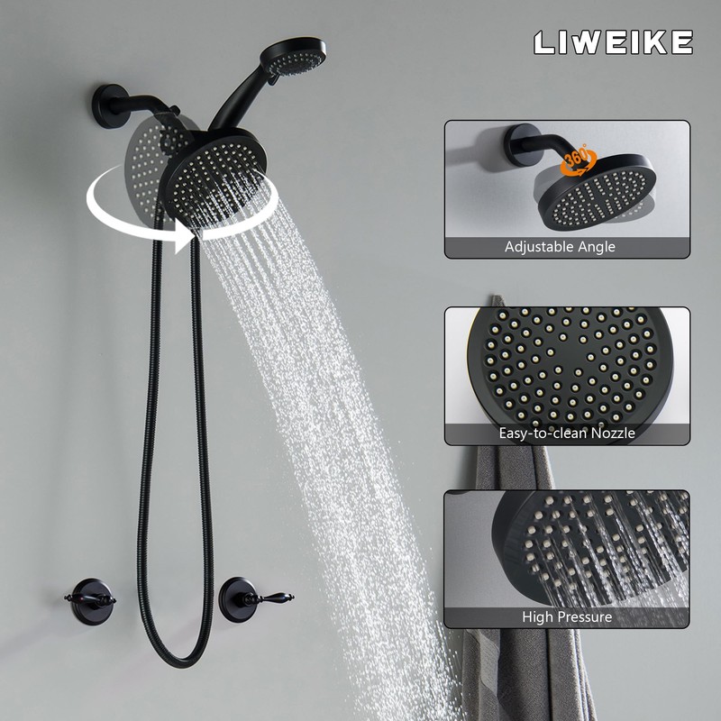 LIWEIKE Matte Black 2 Handle Shower Faucet, Two Handles Shower