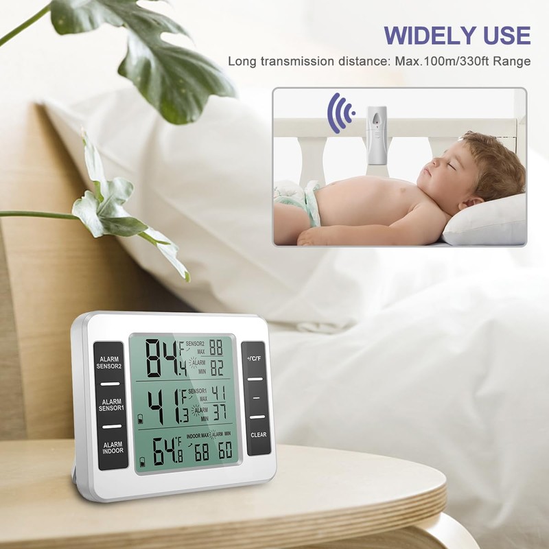 OQIMAX Fridge Thermometer, Freezer Thermometer with Alarm, Digital Fridge Thermometer