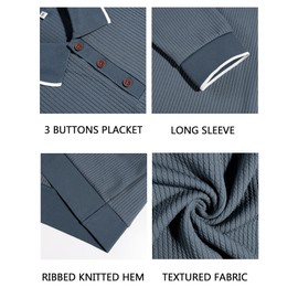 Mens Textured Polo Shirts Long Sleeve Casual Collared Pullover Knit Ribbed Classic Golf Polo Sweater Dark Grey