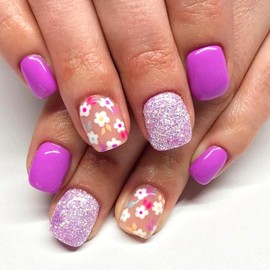Vopintpy Cute Flower Press on Nails Short Square Fake Nails Purple Glitter Glue on Nails Glossy Reusable Stick on Nails for Women DIY Acrylic Manicure