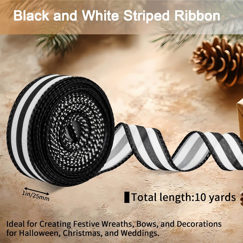 Mupera Black & White Striped Wired Ribbon - 1" x