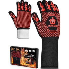 ARFNKIM Barbecue Gloves, Heat Resistant up to 800 °C, Non-Slip Oven Gloves, Fireproof Gloves, Cooking Gloves, Baking Gloves, BBQ Gloves, Oven Gloves (Red)
