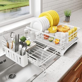 Dish Drying Rack - Extendable Dish Rack, Large Sink Drying Dish Drainer for Kitchen Counter, Stainless Steel Dish Strainer with Utensil Holder (White)