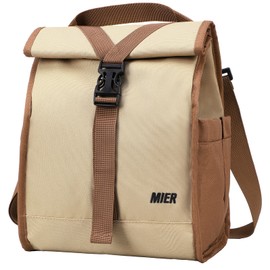 MIER Insulated Lunch Bag Roll Top Lunchbox for Women Men Adults Foldable Rolltop Lunch Tote with Shoulder Strap for Work Office Picnic, Water Bottle Holder, Khaki