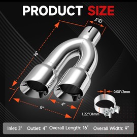 Dual Exhaust Tip 3 Inch Inlet 4 Inch Outlet 16" Length, Polished Stainless Exhaust Tip, Double Wall Clamp-on Angle Cut, Universal Tailpipe for Car Truck