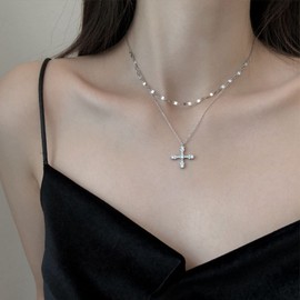 Yienate Layered Crystal Pray Cross Choker Necklace Chain Silver Rhinestone Star Cross Pendant Necklace Vintage Star Cross Necklace Rock Crucifix Pendant Necklace Charm Jewelry Gift for Women Girls