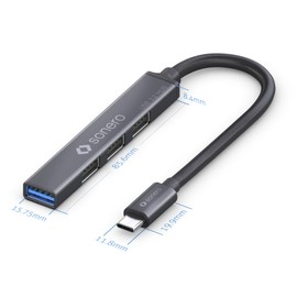 sonero® USB-Hub, USB-Verteiler, 4-Port, 1x USB 3.2 mit 5 GB/s, 3x USB 2.0 mit 480 MB/s, USB-C Stecker, ultra slim, space grey, 1,00m