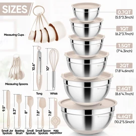 E-far 25PCS Mixing Bowls with Lid Set, Stainless Steel Nesting Prep Bowls with Grater Attachments Non-Slip Bottoms for Cooking, Serving, Food Storage, 4.6/2.6/2/1.5/1/0.7QT - Khaki