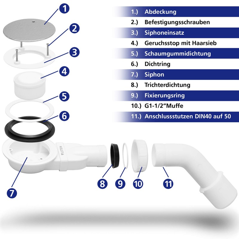 VILSTEIN Shower Tray Siphon, 90 mm Shower Drain with Odour