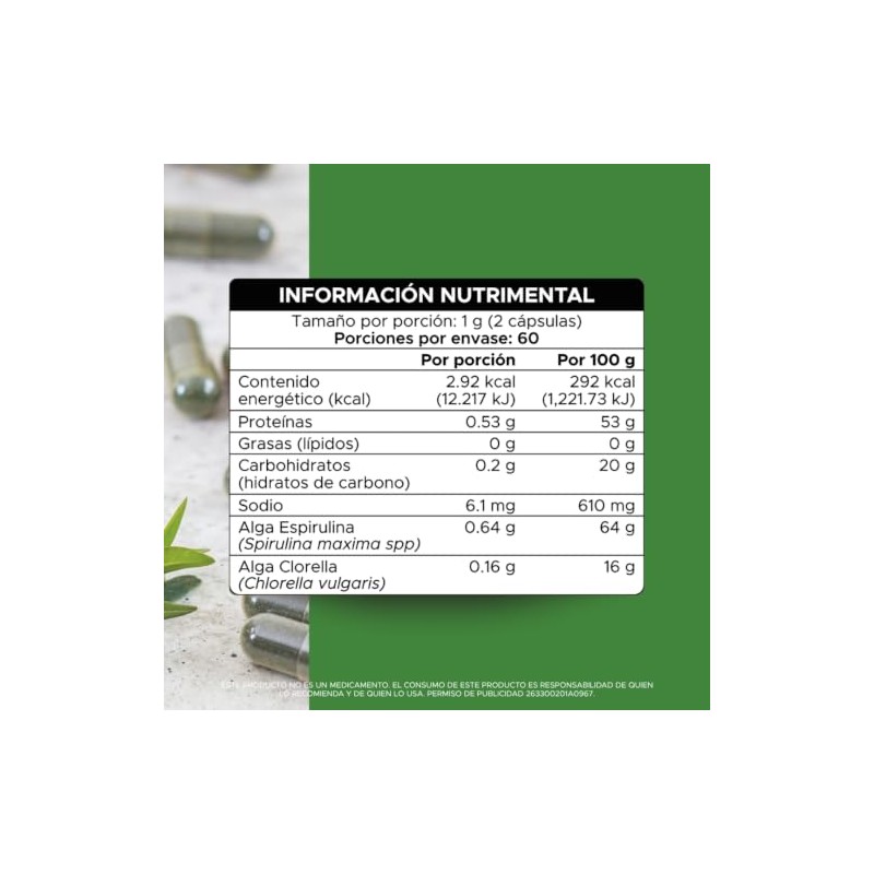 PACALLI Espirulina 500mg - 120 Cápsulas - Suplemento