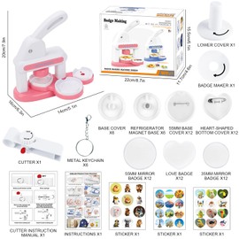Yowmina Button Maker Machine 35mm/1.3in, DIY Button Badge Pin Maker Machine Kit with 42pcs Free Button Making Supplies (Pink)
