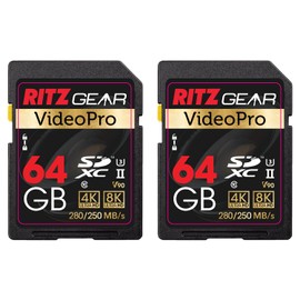 Ritz Gear Video Pro SD Card UHS-II 64GB SDXC Memory Card 2-Pack U3 V90 A1, Extreme Performance Professional (R 280mb/s 250mb/s W) for Advanced DSLR,Well-Suited for Video, Including 4K,8K, 3D, Full HD