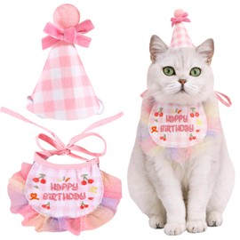 2Pcs Pet Happy Birthday Hat Scarf Set Cute Embroidered Cat Bandana Outfit Pet Bowknot Cone Hat Cat Plaid Pattern Princess Costumes Dog Lace Bib Pet Party Supplies Decoration (Pink)
