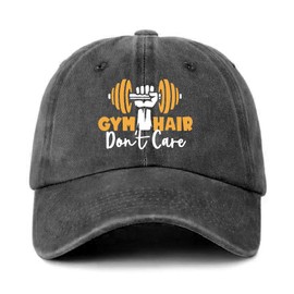 GOSJINNK Funny Gym Caps Gym Hair Don't Care Printed Baseball Caps Classic Washed Cotton Adjustable Baseball Hats for Men Women Funny Birthday Gifts for Dad Husband Boss Friend Colleague Gym Lovers