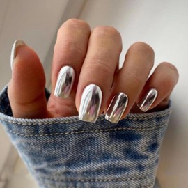 MISUD Press on Nails - Medium Square Fake Nails with Silver Chrome, Acrylic Metallic Design 24 pcs
