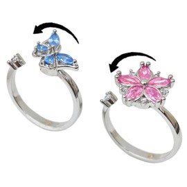 ReznJwfou Anti-Anxiety Fidget Spinner Rings, 2PCS White-Gold Plated Copper CZ Couple Matching Promise Rings, Blue Butterfly and Light Pink Cherry Blossom Shapes, Adjustable Opening