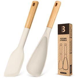 Cooking Spoon and Scraper for Nonstick Cookwares, Great for Cooking and Serving Durable BPA-Free Matte Silicone, Wood Handle Multifunction Spoon for Mixing, Scoop, and Scrape (KHAKI)