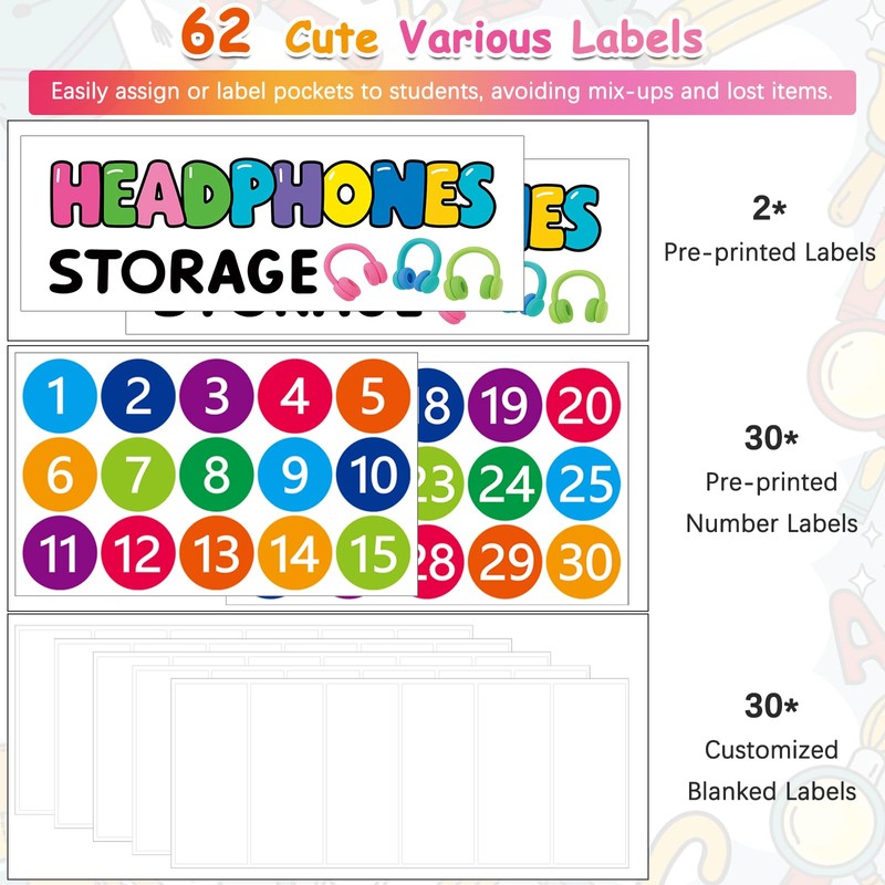 2 Pack Classroom Headphone Storage Organizer with 30 Pockets, PVC