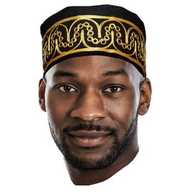 Dupsie's Adebo African Black Kufi Hat with Gold Embroidery Size 7 5/8 (24 Inches) (XL)