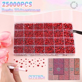 25000Pcs Resin Rhinestones with B7000 Jewelry Glue for Crafting, Red 2-6mm Non Hotfix Flatback Gems, Bedazzling Crystal for DIY Crafts Clothing Tumblers Mugs Shoes Fabric Decor Nail Art