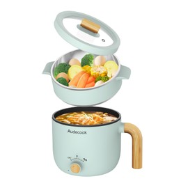 Audecook Hot Pot Electric with Steamer, 1.5L Portable Nonstick Mini Multicooker, Travel Electric Skillet with Dual Power Control for Pasta/Soup/Steak/Egg/Oatmeal (Green)