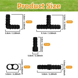 50PCS Irrigation Fittings Kit for 3/4 Inch Tubing with Tees,90-Degree Elbows, Couplings, 8 Letter End Cap Plugs and End Plug Barbed Connectors for Drip Irrigation Hose Pipe Fitting Garden
