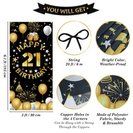 Vicycaty Happy 21st Birthday Decorations for Him Her, 21st Birthday Party Banner Backdrop Yard Sign Photo Props Door background Decor Supplies for Men Women, Black Gold Theme for Indoor Outdoor