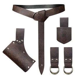 HiiFeuer 5 Pieces Medieval Belt Costume Accessories Renaissance Skirt Hike Viking Horn Belt Holster Dagger Holster Sword Frog Set (Brown A)