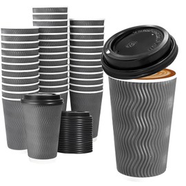 Lamosi 50 Pack - 16 oz Insulated Disposable Coffee Cups with Lids, To Go Paper Coffee Cups with Lids, Corrugated Ripple Wall Cup for Hot Drink, Office, Coffee Bar