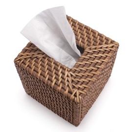 DOKOT Rattan Tissue Box Cover Square Napkin Holder for Home Office Car (Honey Brown, 14x14x15CM)
