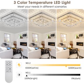 REDSTAR 18" Crystal Ceiling-Light Flush Mount with Remote Control, 3 Colors Temp & Brightness Adjustable, Modern Crystal Raindrop Chandeliers for Bedroom Hallway Dinning and Living Rooms-Square