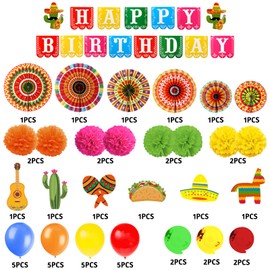 Recosis Fiesta Mexican Themed Happy Birthday Banner Paper Pompoms Mexico Fans Fiesta Decorations Balloons Party Decorations