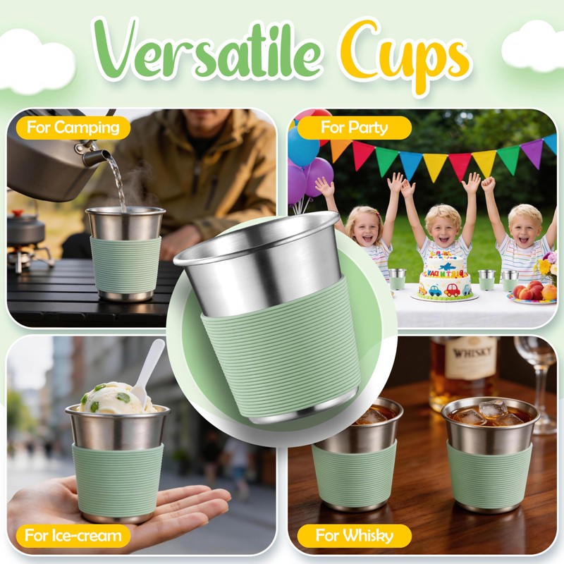 Stainless Steel Kids Cups with Silicone Sleeves, 8oz Metal Tumbler