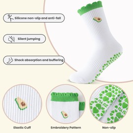 DHHYWWD 4 Pairs Pilates Socks, Cotton Reformer Pilates Socks Crew with Ruffle Cuff and Embroidered Fruit Pattern, Grippy Yoga, Dance, Ballet