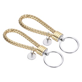 PATIKIL Braided Leather Keychain with Stainless Steel Key Ring Sleeve, 2 Pack PU Woven Wristlet Lanyard Strap Fob Keyring Holder for Car Bag Wallet Pendant, Golden