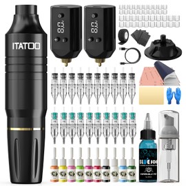 ITATOO Tattoo Gun Tattoo Kit, Wireless Tattoo Machine with 2PCS 1200mAh Power Supply, 20 Tattoo Needles, 10 Tattoo Ink Complete Tattoo Pen Kit for Artists WTK449