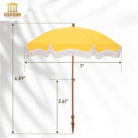 HERA'S PALACE 7 ft Heavy Duty Beach Umbrella with Sand Anchor, Fringe Umbrella for Sand, UV 50+, Patio Umbrella with Tilt Pole for Garden Pool Backyard