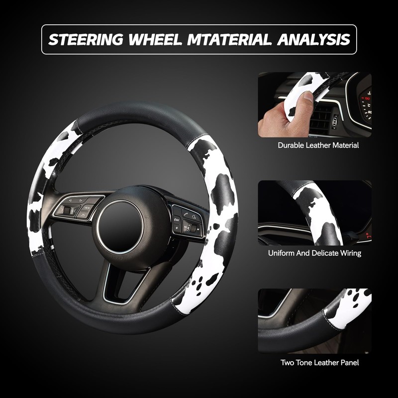 Cow Print Steering Wheel Cover, Universal 14.5-15 inch Breathable Microfiber