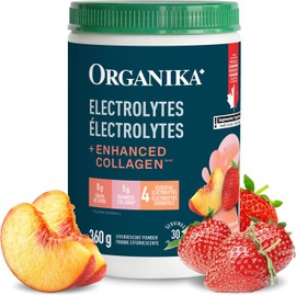 Organika Canadian-Made Electrolytes + Enhanced Collagen - Strawberry Peach Flavour - Sugar-Free Hydration | 5g Protein + 100% of Daily Vitamin C - 360g, 30 Servings