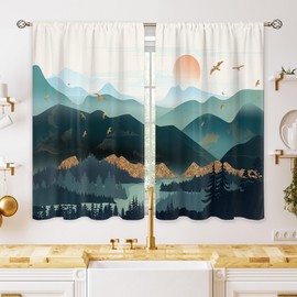 oolygoo Black Grey Misty Forest Small Kitchen Curtains Tree Mountain Window Treatment Woodland Landscape Rod Pocket Cafe Short Curtains for Bathroom Dining Room Men Tier Treatment Drapes 27.5x39 inch