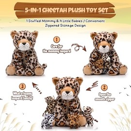 5 Pcs Cheetah Stuffed Animals for Kids Large Mommy Cheetah Plush with 4 Baby Leopard Plush Toys in Tummy for Girls Boys Birthday Forest Party Decors(Sitting Style)