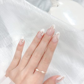 COLOR ELEMENT White French Tip Press On Nails Almond, Gold Foil Short Almond Press On Nails Short Fake Nails With Designs False Nails, Reusable Natural ABS Nails Press Ons Short (Golden Edge)