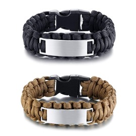 JewelryWe 2PCS Paracord Bracelet Mens Outdoor Survival Woven Bracelet With Stainless Steel Plate-Free Engraving